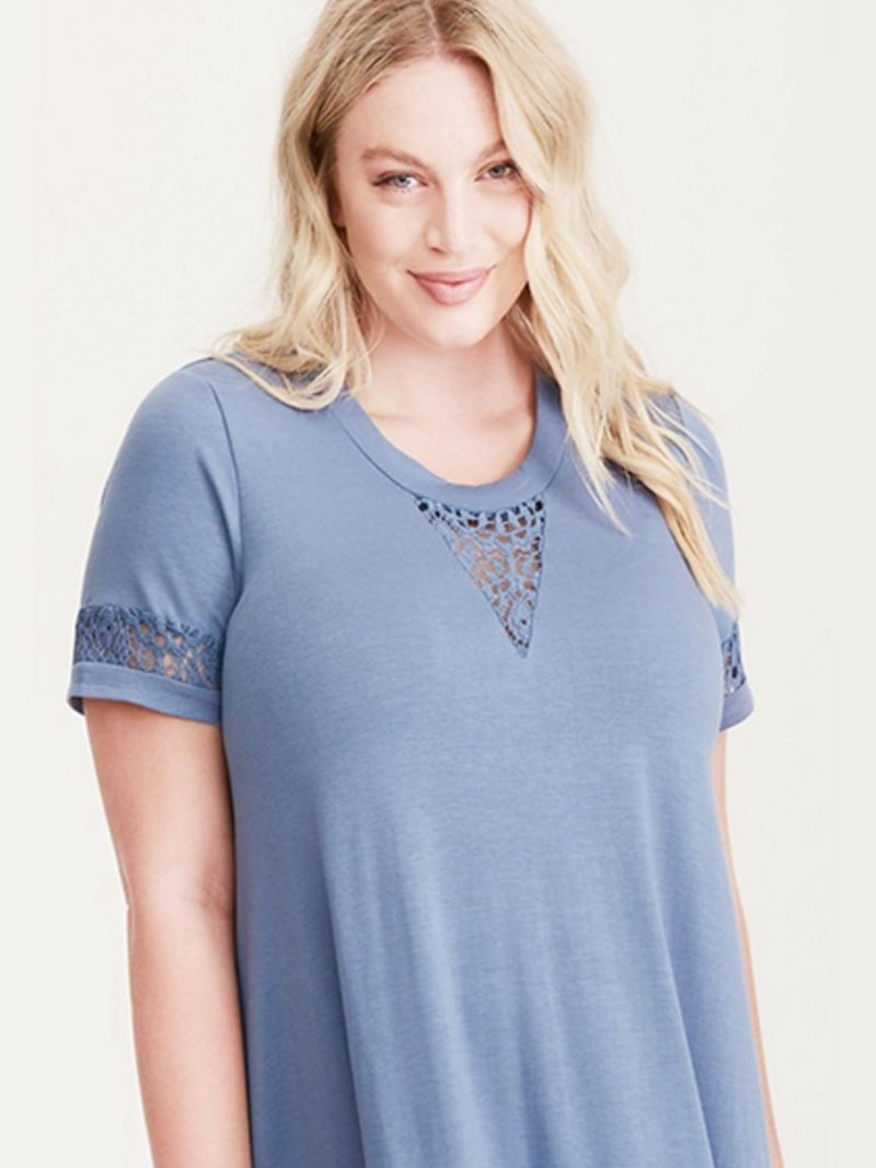Crew Neck Lace Insert Short Sleeve Swing Midi Dress