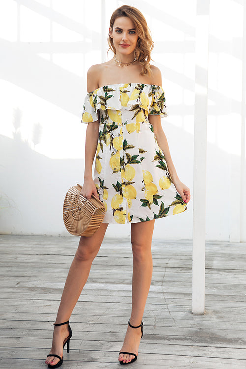 Off Shoulder Ruffle Button Front Fruit Print Mini Dress