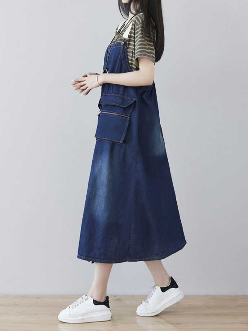 Bib Front Cargo Pocket Zip Front Denim Overall Midi Dress