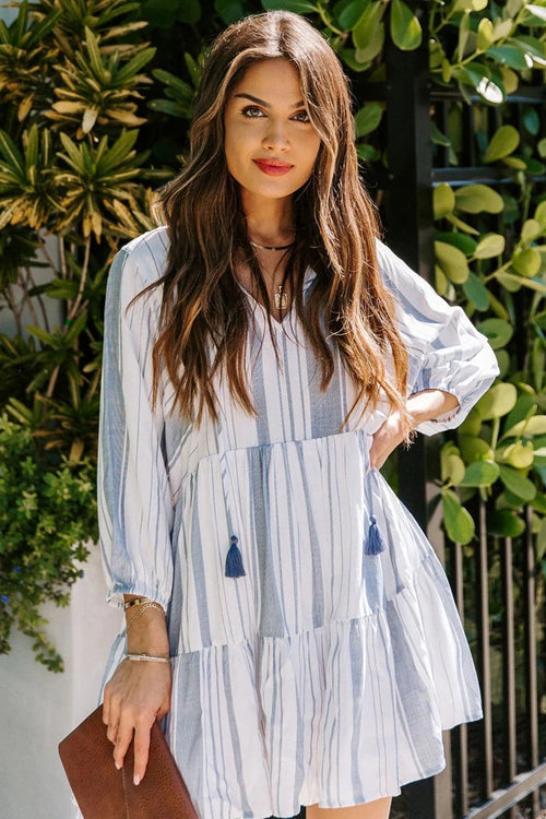 V-Neck Tassel Tie Long Sleeve Tiered Vertical Stripe Babydoll Mini Dress