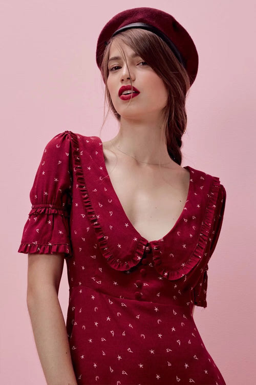 Ruffled Peter Pan Collar Star Print Empire Waist Tiered Mini Dress
