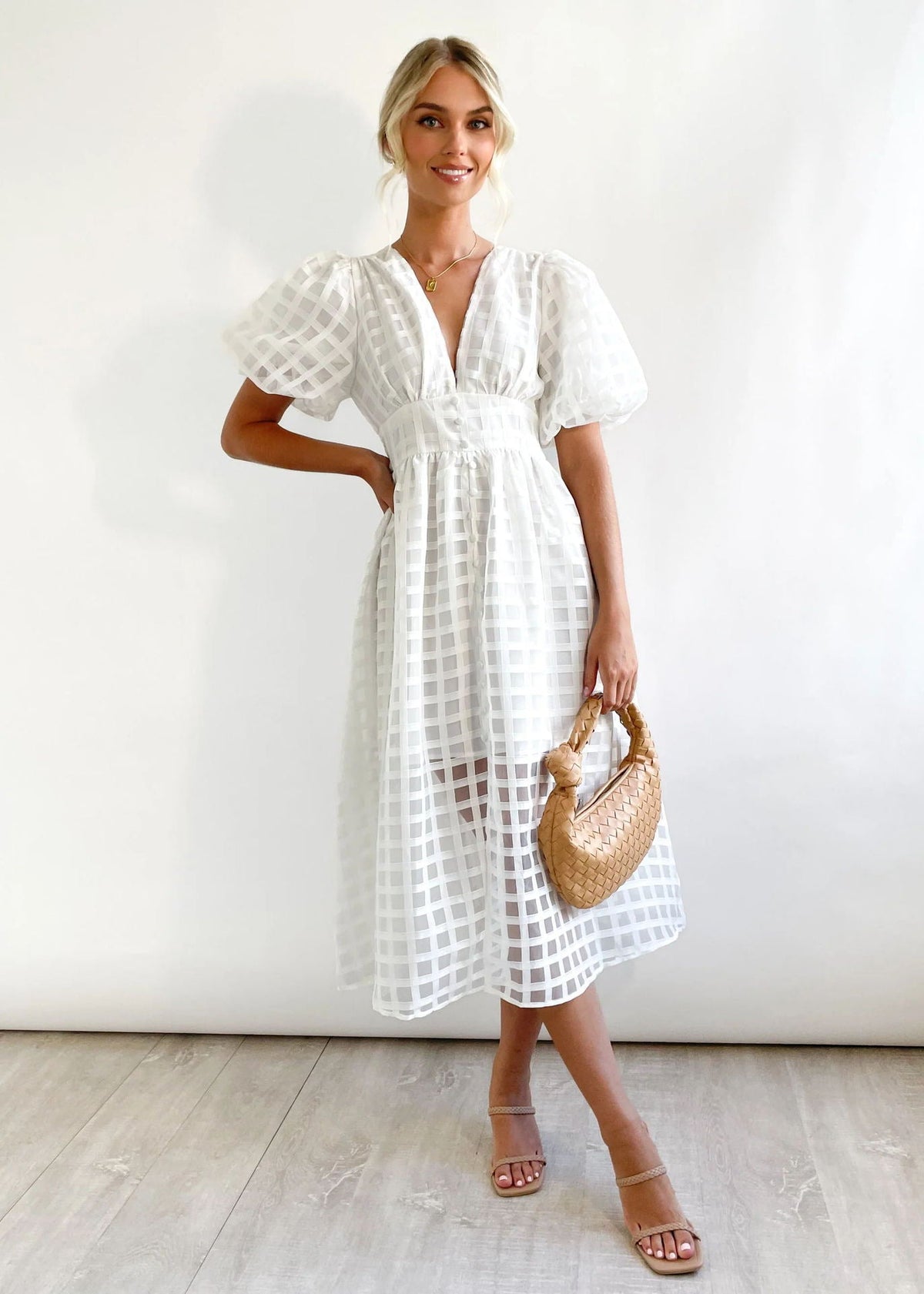 Plunge V-Neck Puff Sleeve Button Front Grid Texture Midi Dress