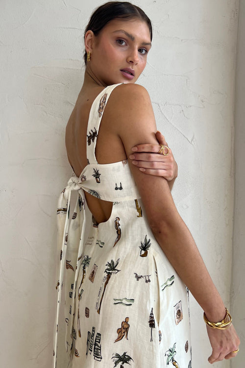 Square Neck Wide Strap Pocketed Vacation Sketch Print Maxi Dress