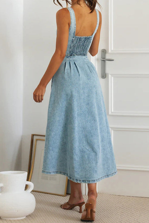 Sweetheart Neck Corset Button Front Pocket Pleated Denim Midi Dress