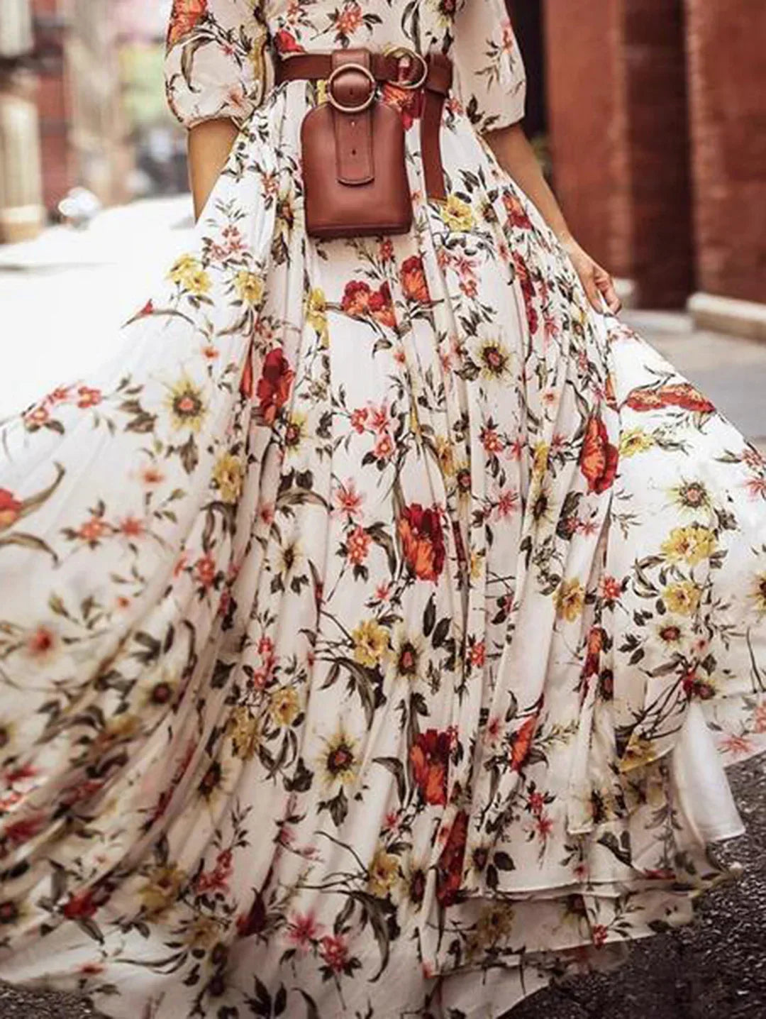 Scoop Neck Three Quarter Sleeve Belted Large Floral Flowy Maxi Dress