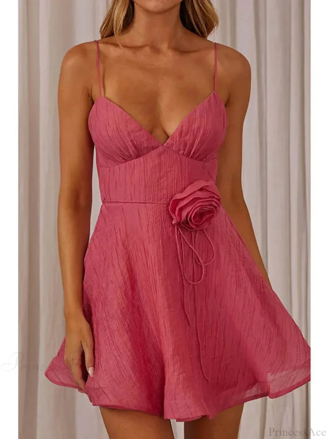 Textured Rosette Waist Spaghetti Strap Fit and Flare Mini Dress