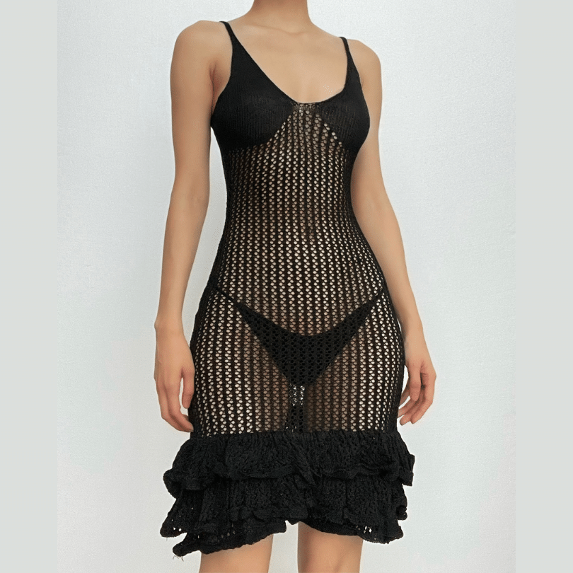 Spaghetti Strap V-Neck Crochet Pointelle Ruffle Lettuce Hem Mini Dress