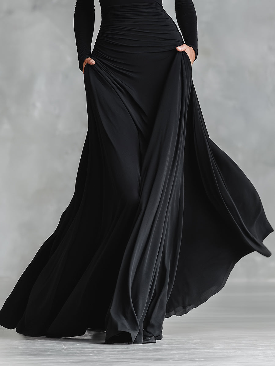 Boat Neck Long Sleeve Ruched Waist Pocket A Line Maxi Dress