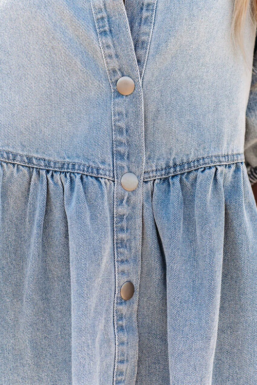 Point Collar Button Front Raglan Puff Sleeve Frayed Hem Denim Babydoll Mini Dress