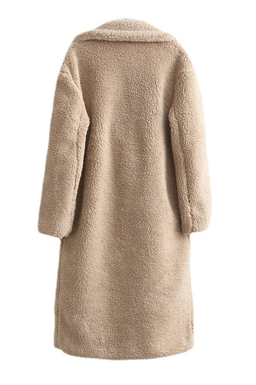 Notch Lapel Double Breasted Pocketed Fuzzy Fleece Coat