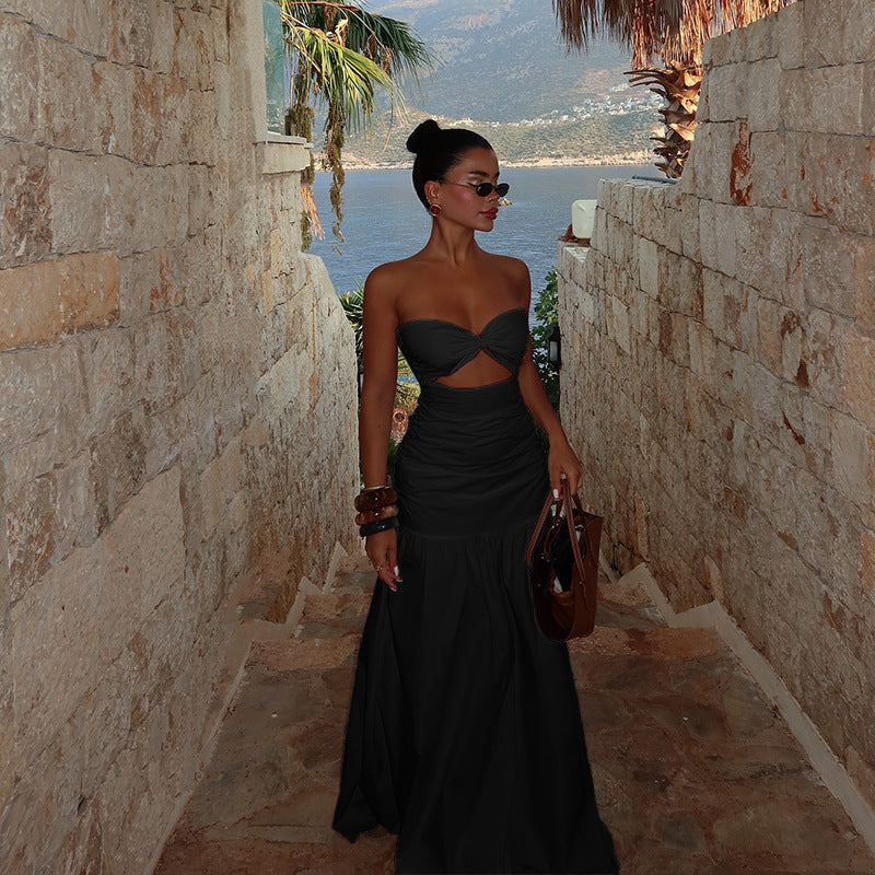 Strapless Twist Knot Cutout Ruched Tiered Maxi Dress