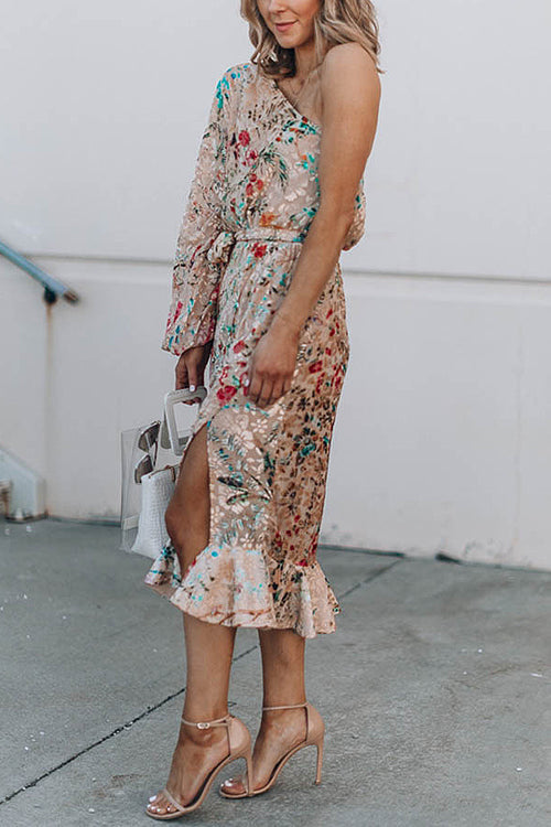 One Shoulder Bishop Sleeve Tie Waist Wrap Slit Floral Print Midi Dress