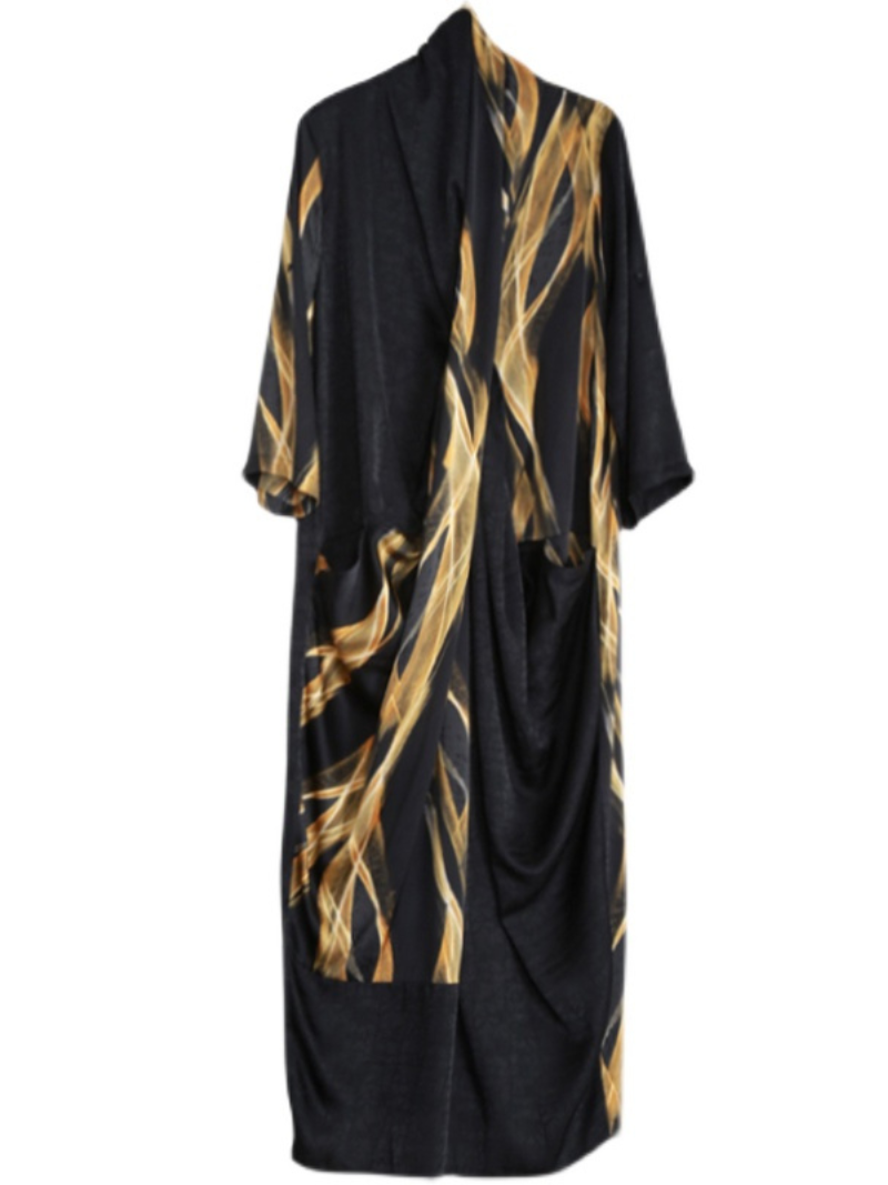 Deep V Neck Abstract Flame Print Oversized Pocket Maxi Dress