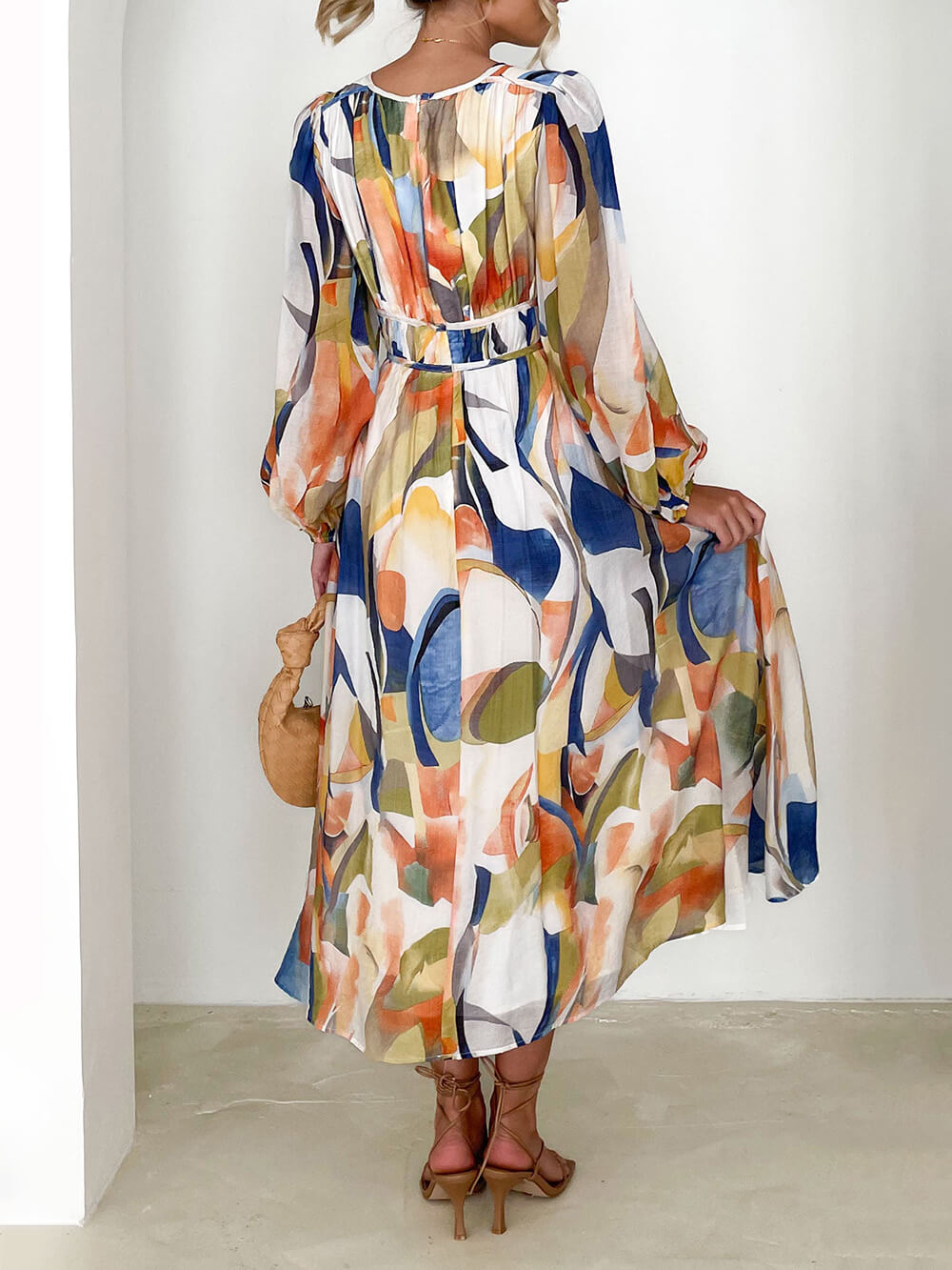 Abstract Brushstroke Print Deep V-Neck Lantern Sleeve Empire Waist Maxi Dress