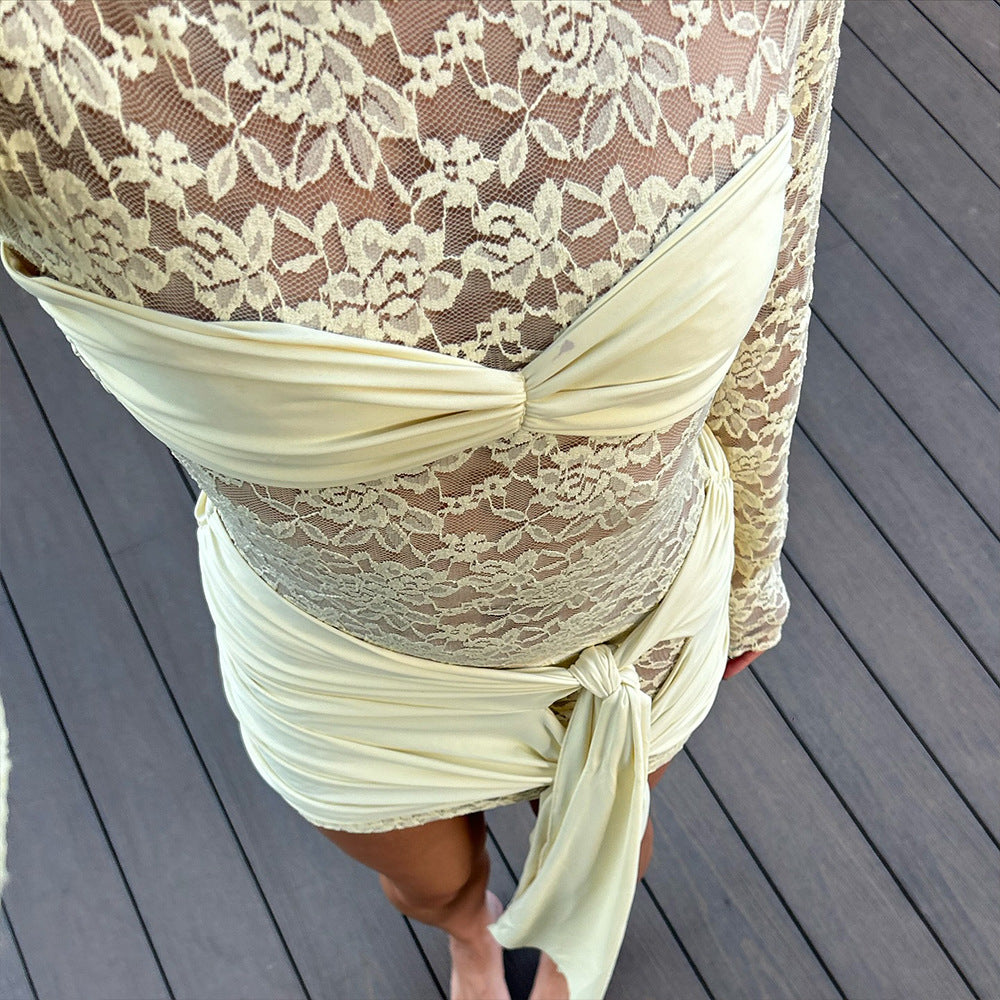 Floral Lace Long Sleeve Bustier Ruched Sash Drape Mini Dress