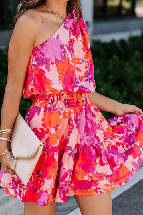 One Shoulder Floral Print Ruched Wrap Mini Dress