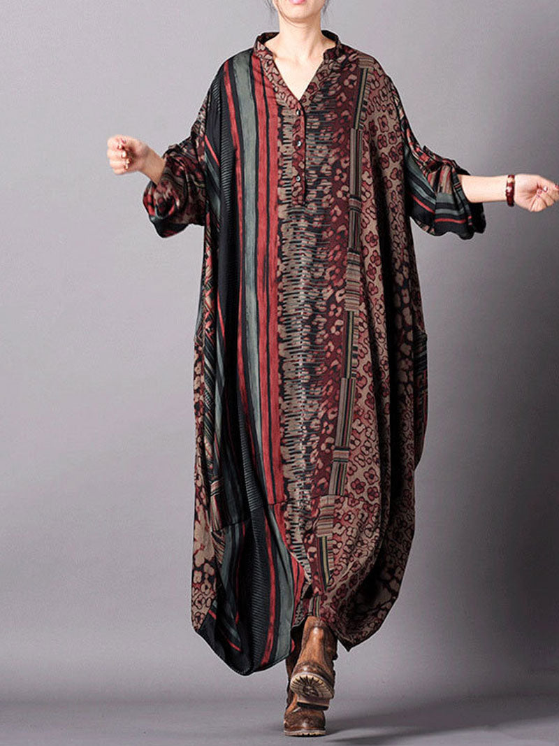 Mandarin Collar Button Front Mixed Print Patchwork Oversized Maxi Dress