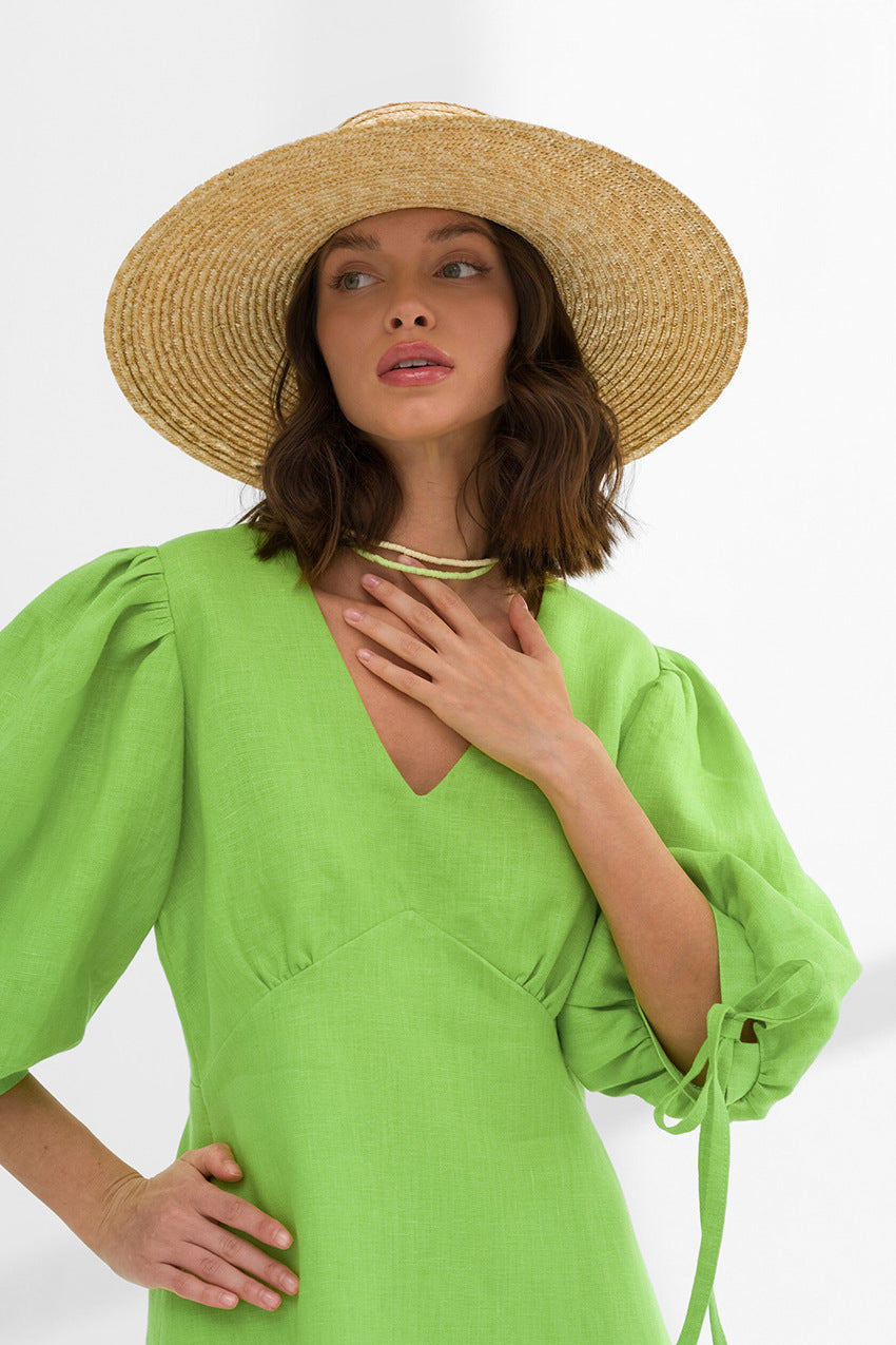 Deep V Neck Puff Sleeve Tie Cuff Empire Waist Linen Mini Dress