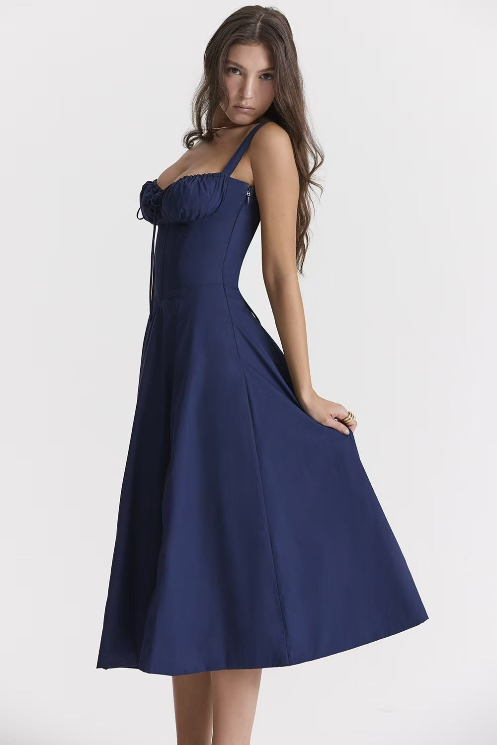 Tie Front Ruched Bustier Corset Bodice A Line Midi Dress
