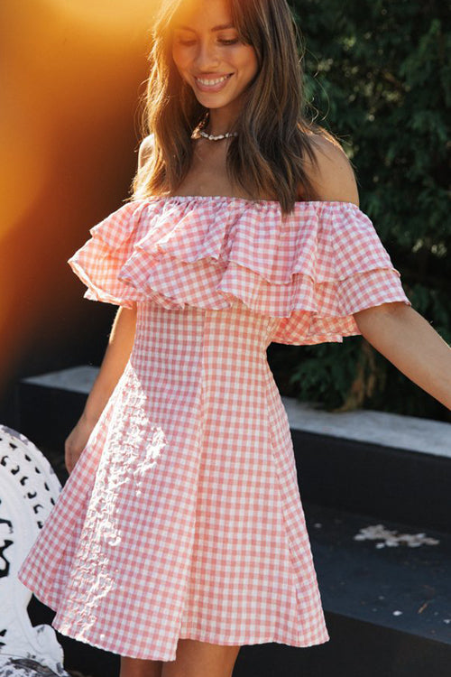 Off Shoulder Gingham Tiered Ruffle Mini Dress