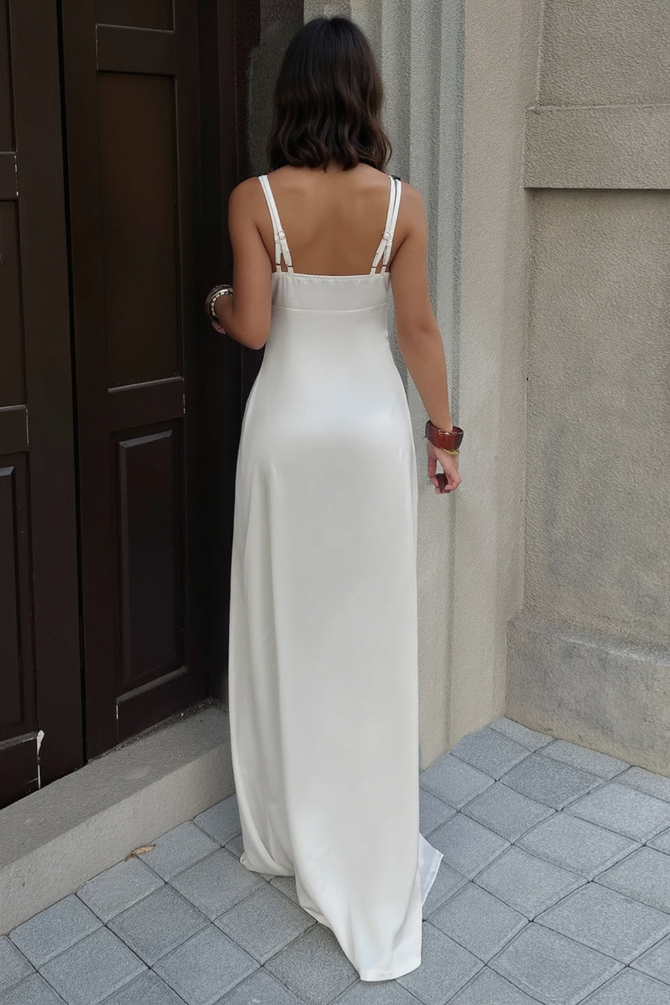 Lace Trim Deep V Neck High Slit Spaghetti Strap Satin Maxi Slip Dress