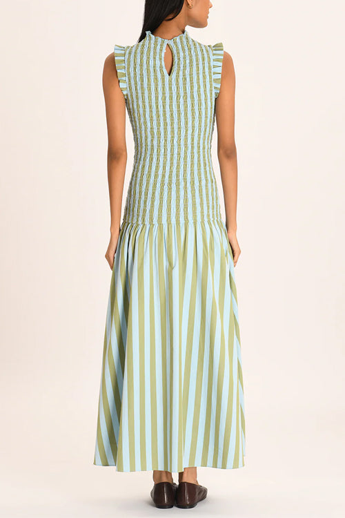 High Neck Sleeveless Smocked Bodice Striped Midi Dress