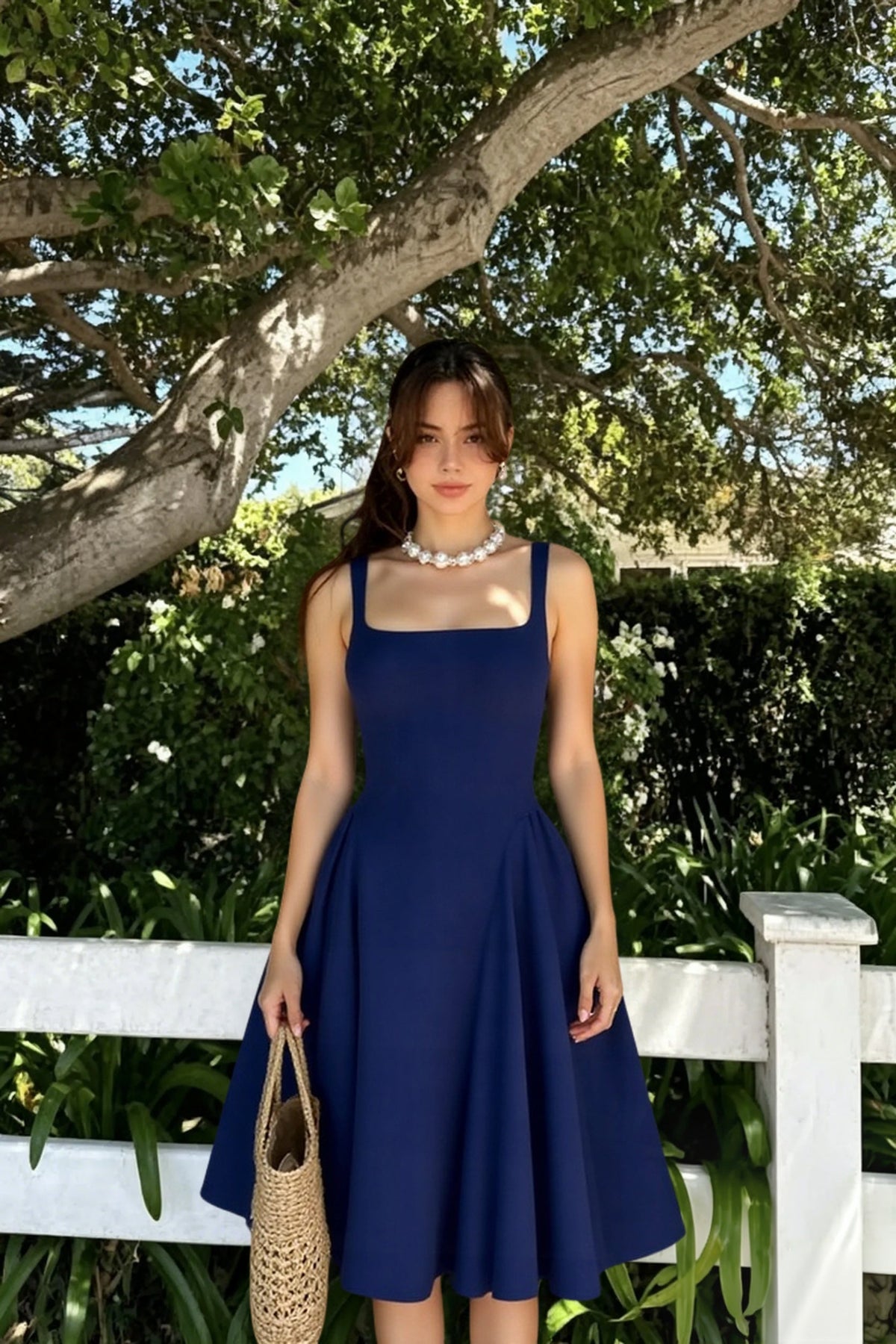 Square Neck Wide Strap Fitted Bodice A-Line Midi Dress