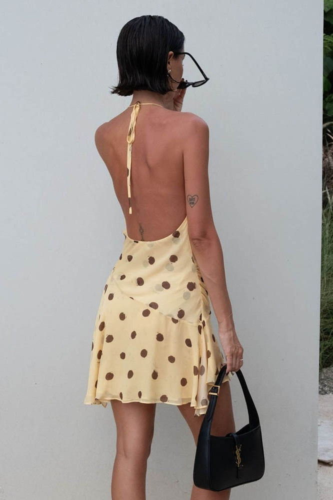Yellow Halter Cowl Neck Ruched Lettuce Hem Polka Dot Mini Dress