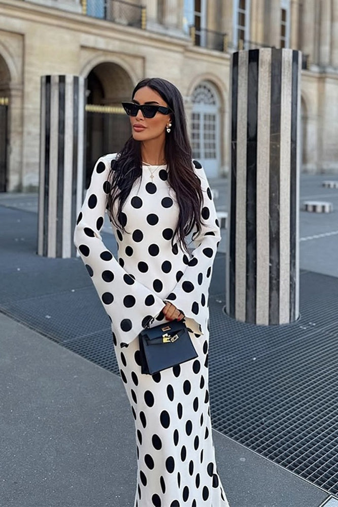 White Polka Dot Bell Sleeve Maxi Dress