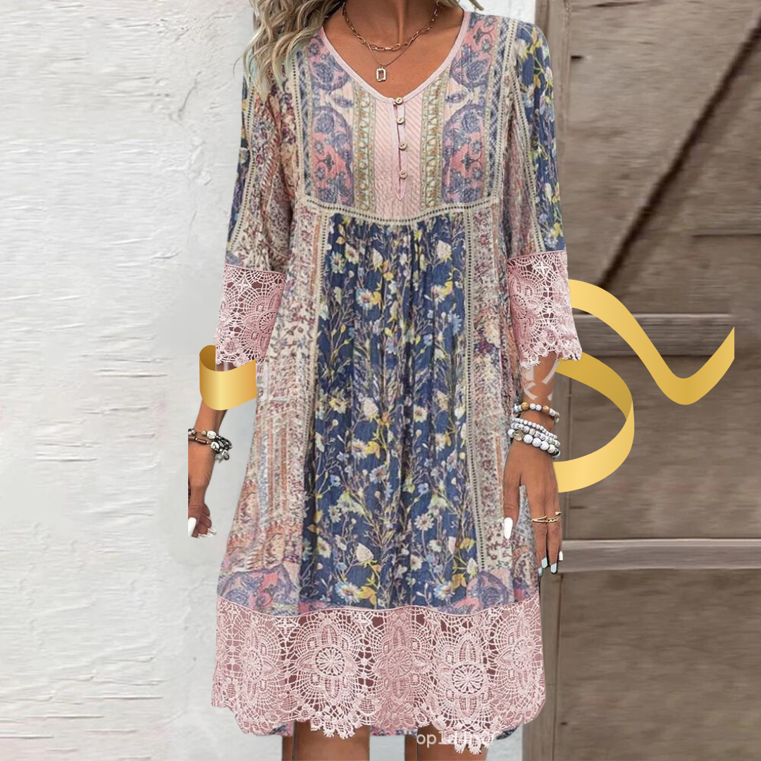 Square Collar Lace Panel Midi Shirt Dress