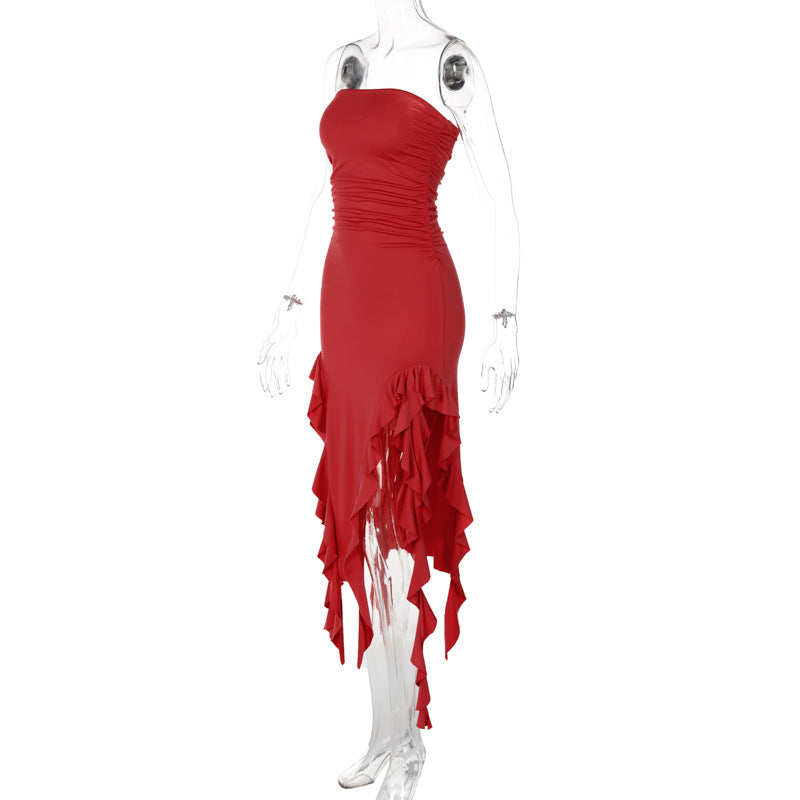 Strapless Tube Neck Ruched Double High Slit Cascading Ruffle Midi Dress