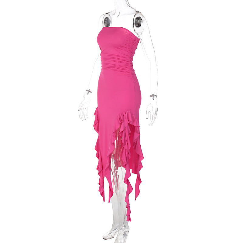 Strapless Tube Neck Ruffle Trim High Slit Midi Dress