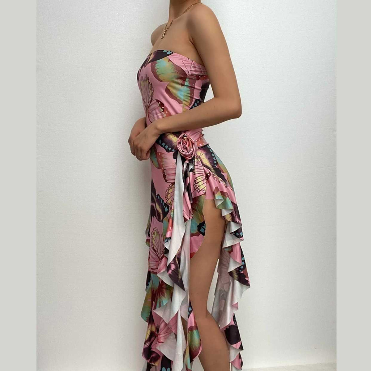 Butterfly Print Ruffle Ribbon Flower Applique Backless Maxi Dress