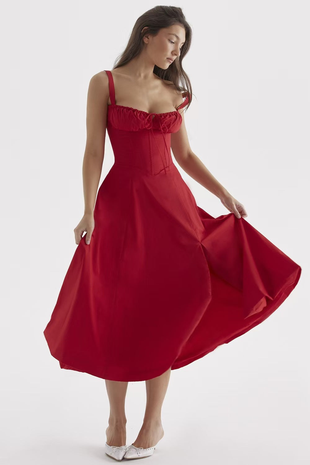Tie Strap Ruched Sweetheart Corset Bodice Midi Dress