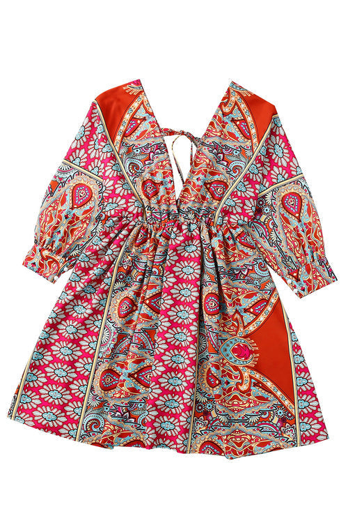 Deep V-Neck Long Sleeve Empire Waist Paisley Print Boho Mini Dress