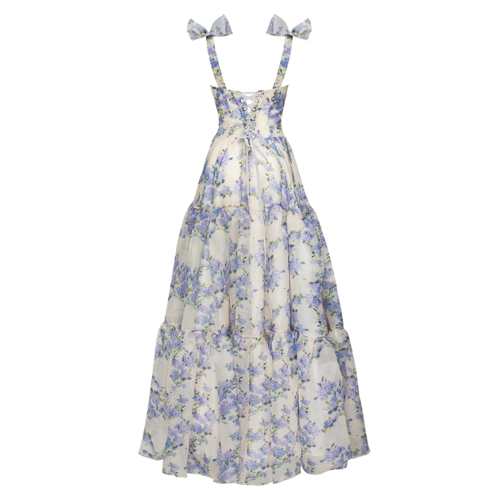 Strapless Sweetheart Corset Knotted Sleeve Tiered Floral Organza Maxi Gown