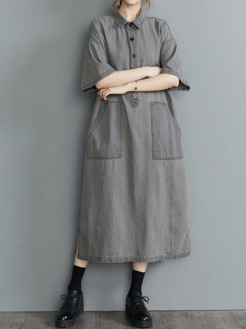 Round Neck Short Sleeve Patch Pocket Oversized Shirt Midi Dress