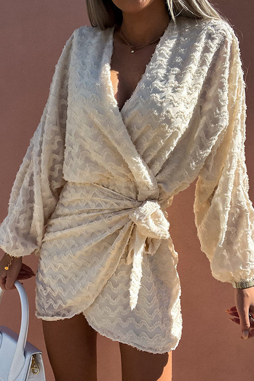 Deep V Wrap Fringe Texture Balloon Sleeve Tie Waist Mini Dress