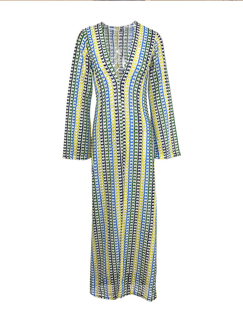 Crochet Stripe Print Deep V-Neck Long Sleeve Front Slit Maxi Dress