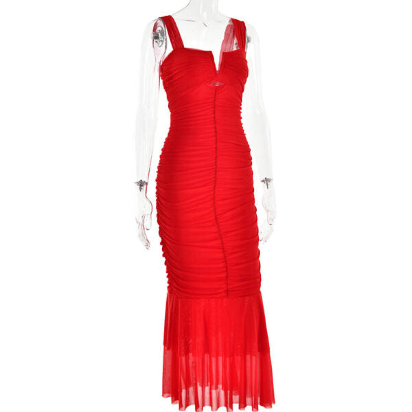 Square Neck Ruched Keyhole Tiered Ruffle Mermaid Maxi Dress