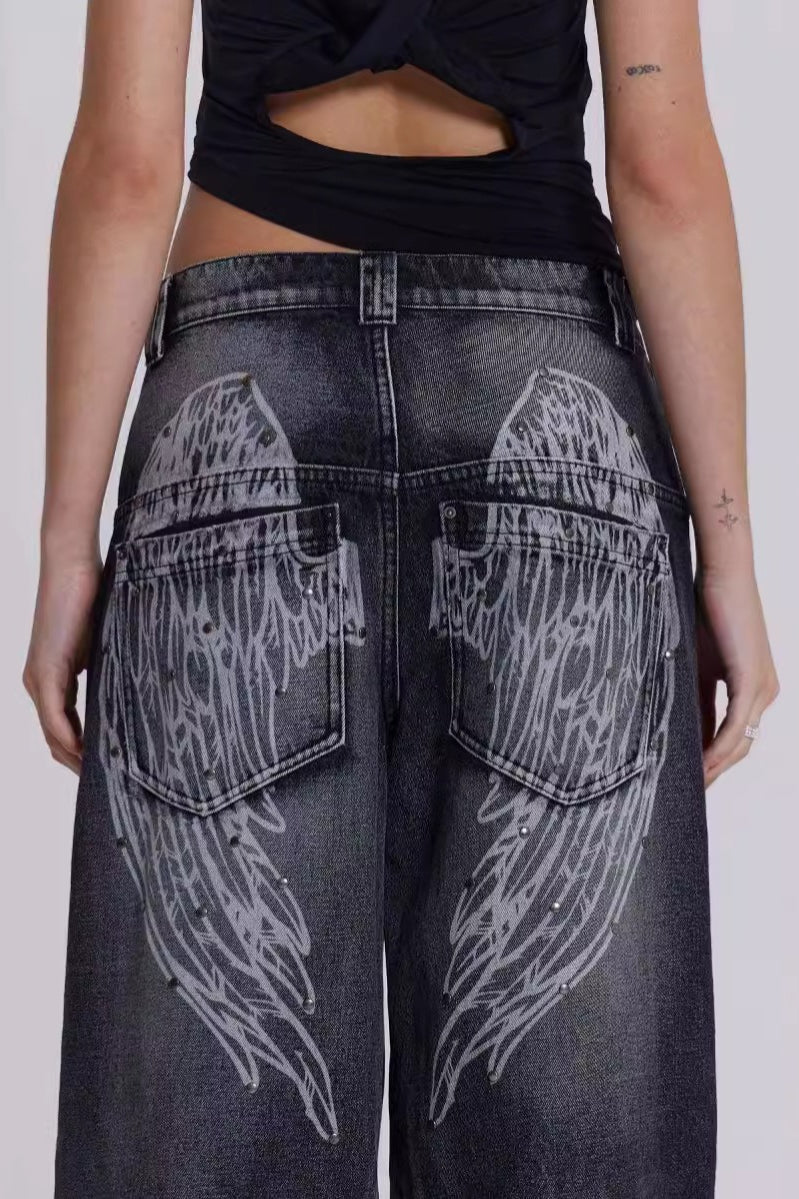 Y2K Angel Wing Print Washed Wide Leg Jeans