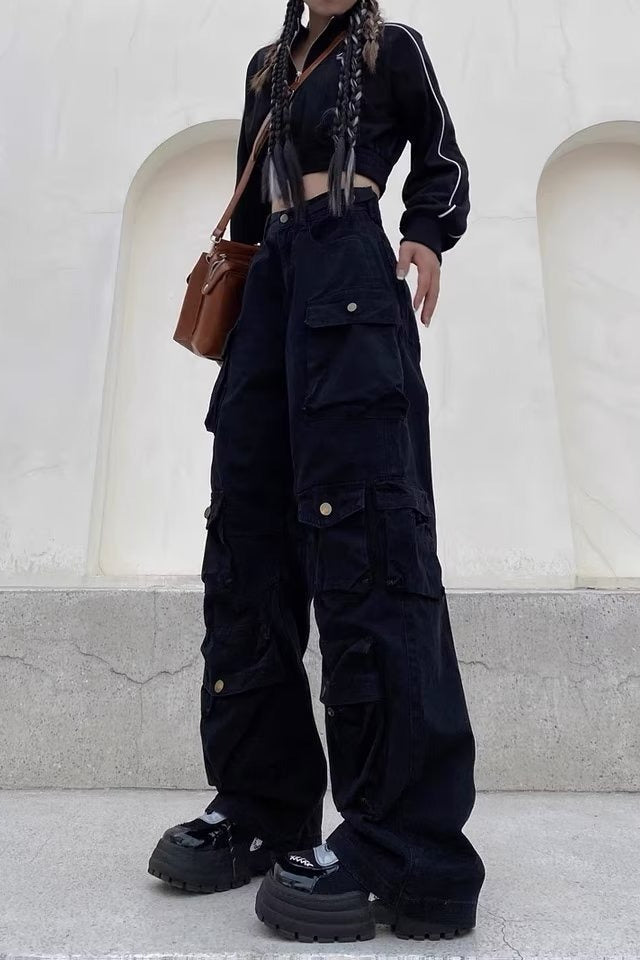 Street Style Multi-Pocket Wide Leg Cargo Straight Slim Pants