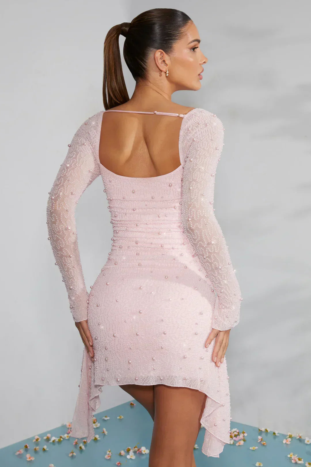 Square Neck Pearl Bead Ruched Slit Cuff Asymmetric Drape Mini Dress