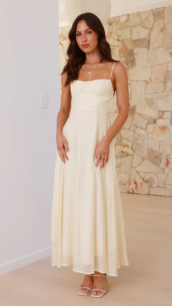 Spaghetti Strap Ruched Corset Bodice Tiered Maxi Dress