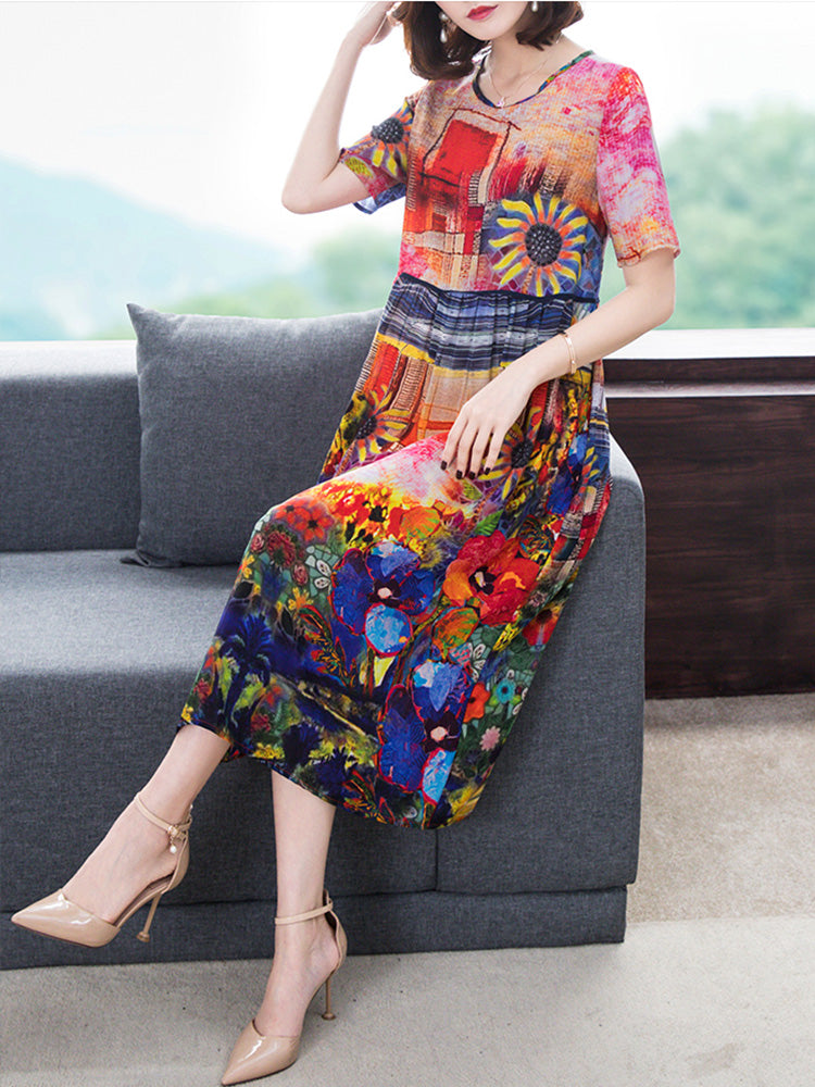 Crew Neck Short Sleeve Sunflower Graphic Landscape Midi Dress