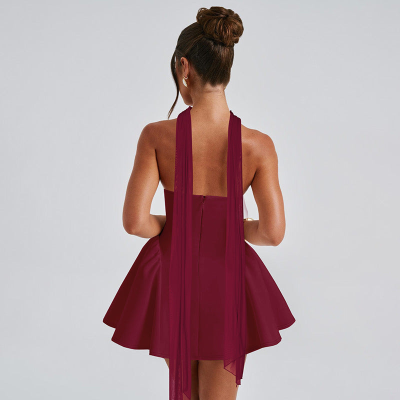 Strapless Choker Neck Structured Flare Hem Mini Dress