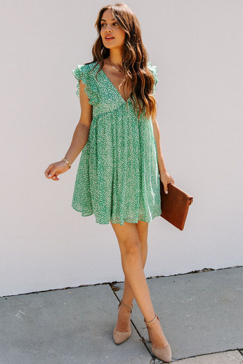 Deep V Neck Ditsy Floral Flutter Sleeve Empire Waist Mini Dress