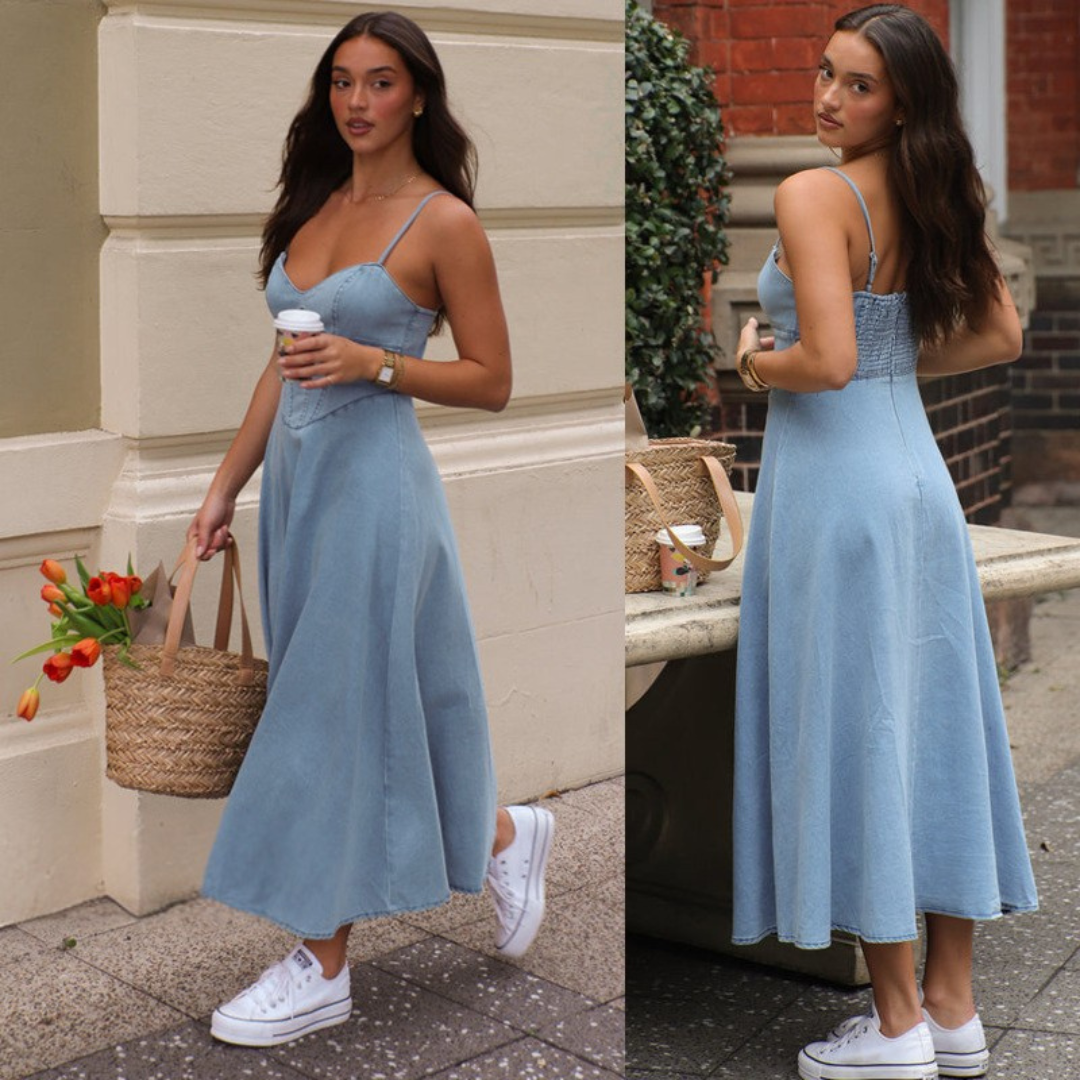 Sweetheart Corset Paneled A Line Denim Midi Dress