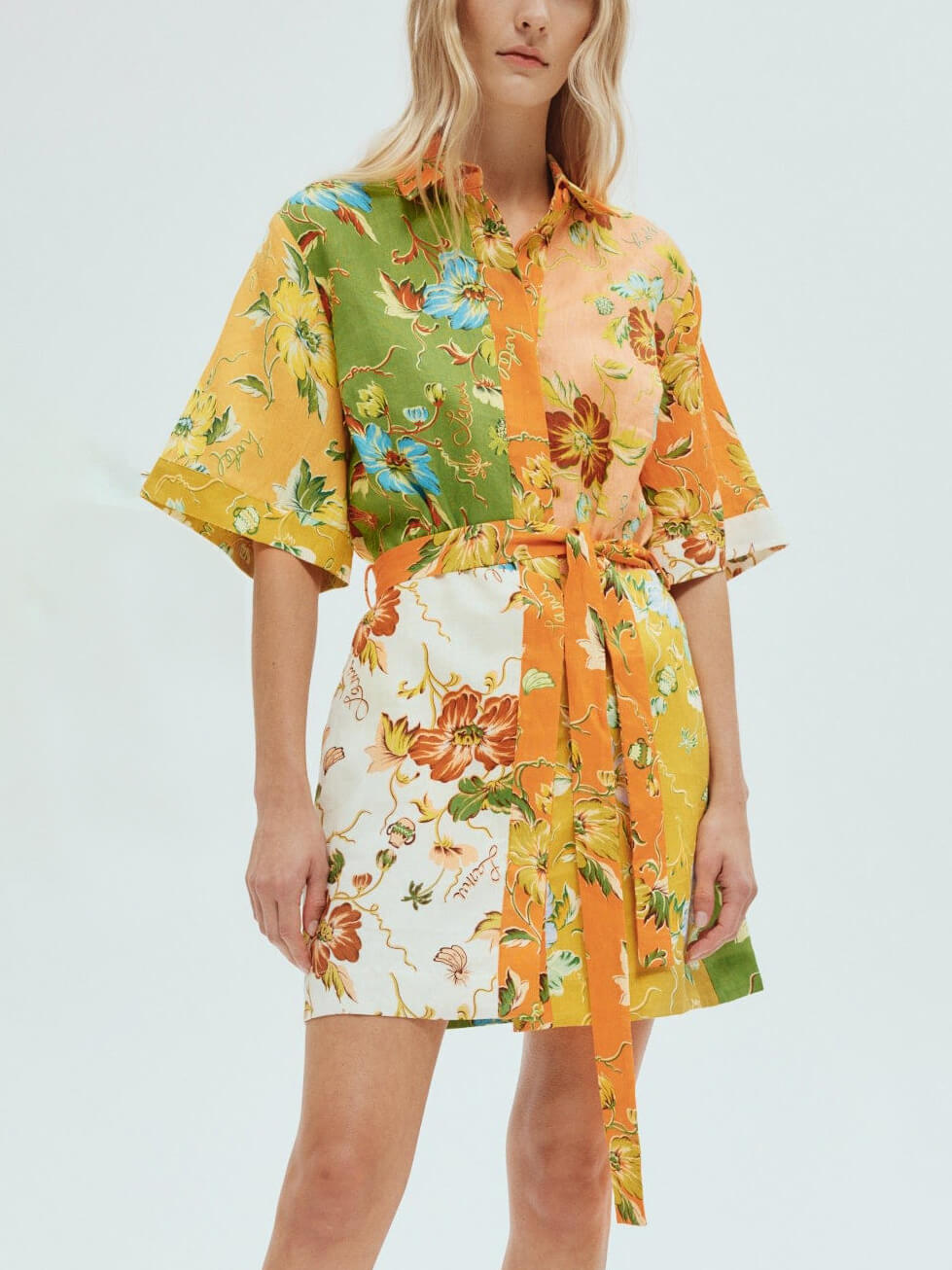 Floral Patchwork Collared Belted Button Front Mini Dress
