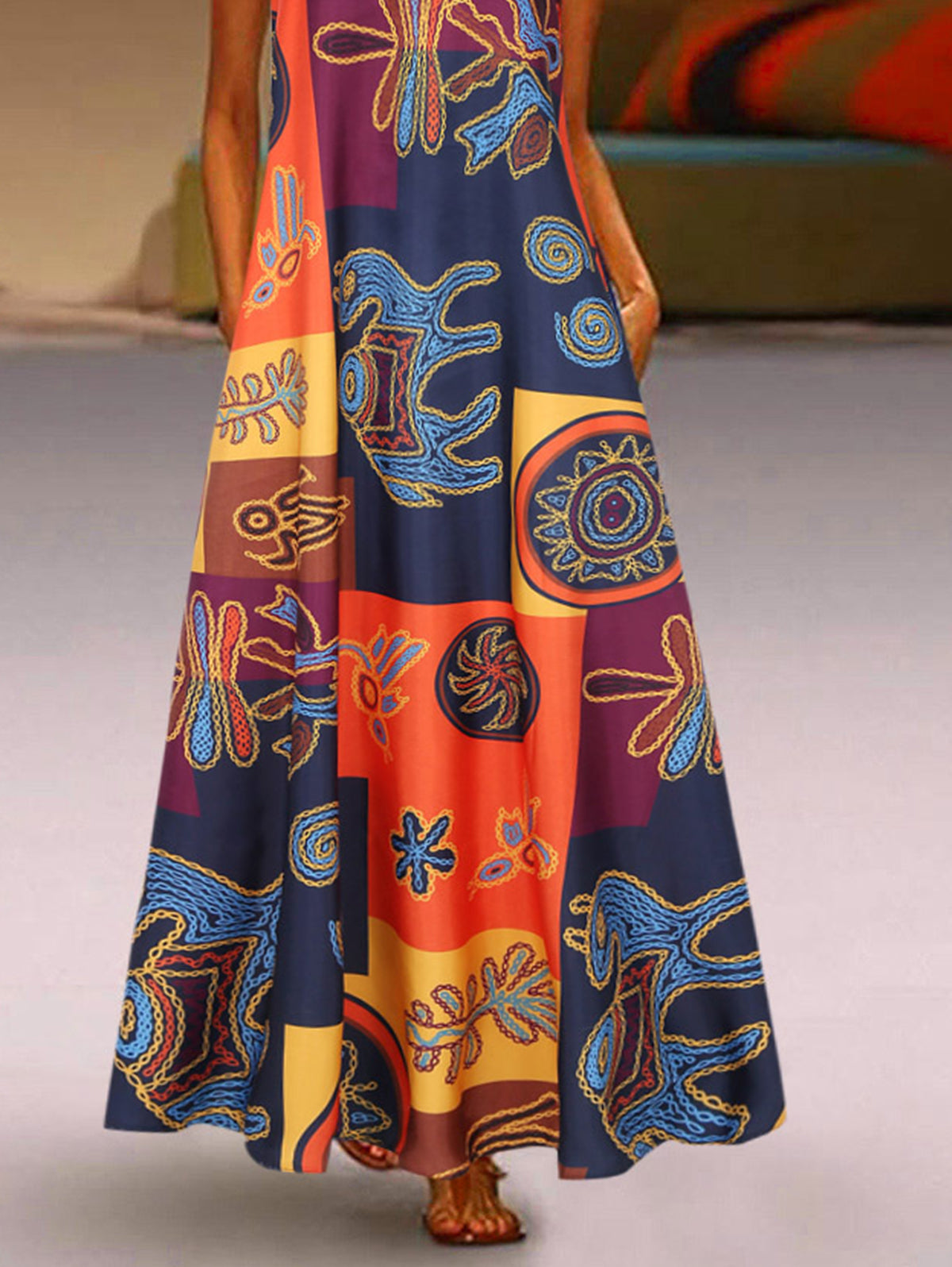 Deep V Neck Sleeveless Folk Art Patchwork Print Floor Length Maxi Dress